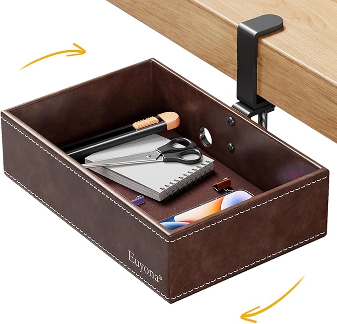 Mesh Hidden Desk Organizer with Swivel Drawer, Heavy-Duty C-Clamp Mount for Office Supplies, Art Tools & Pencil Storage – Easy Install Desktop Accessories (Coffee)