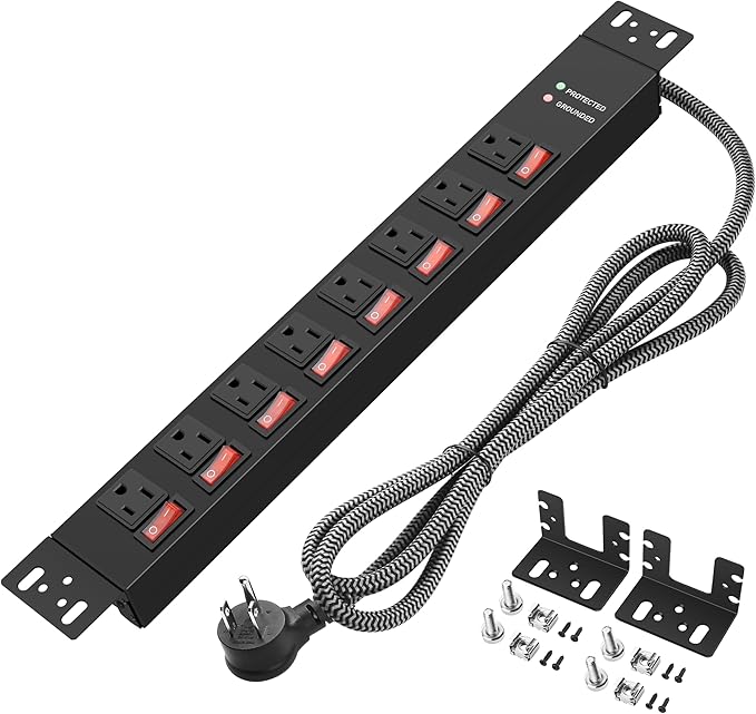 Rack Mount Power Strips,8 Outlet Strips Surge Protector with Individual Switches, PDU Power Strip for Server Racks, 14AWG Heavy-Duty Braided Extension Cord,2700J,15A 125V 1875W (10 FT Cable)