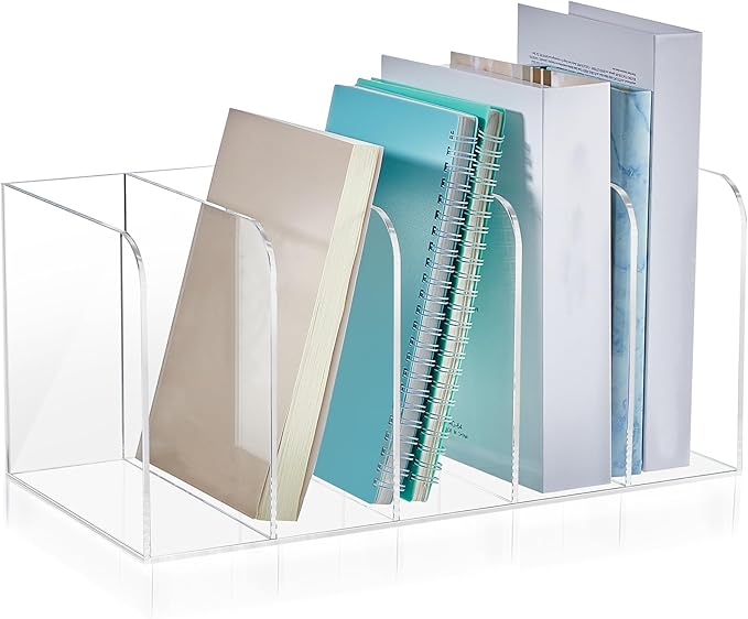 Suzile Clear Acrylic Magazine File Holder with Vertical Compartments Desk Organizer Book Rack for Desk Sorter Paper Folder Office Accessories(Clear,14.2 x 7.2 x 6.5 Inch)