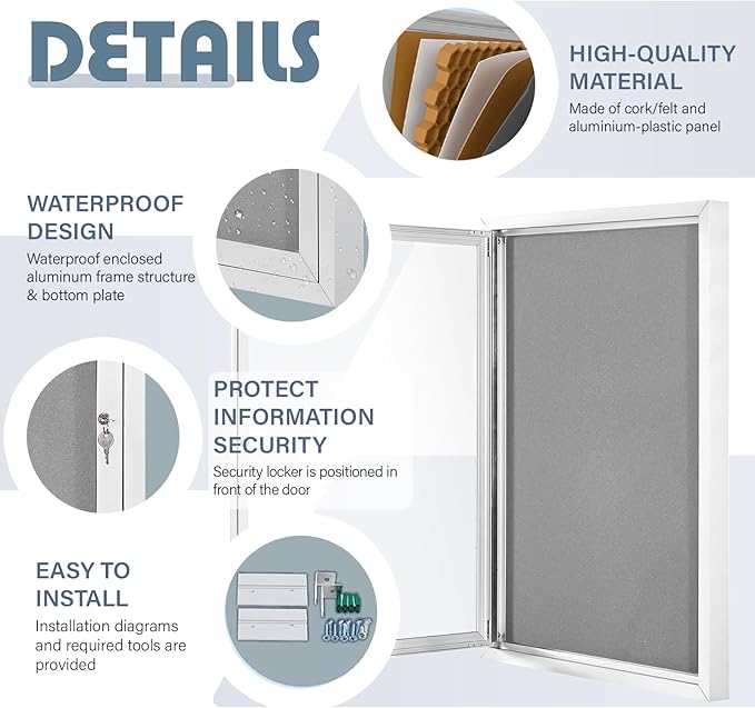 Outdoor Bulletin Board Weatherproof 36x24 in,Enclosed Bulletin Board with Locking Door, Wall Display Case for Office School Home Commercial, Silver Aluminum Frame, Gery Felt