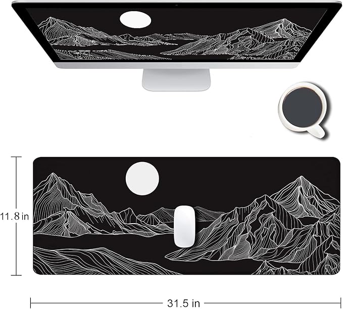 Large Mouse Pad Gaming, Mousepad with Stitched Edges, Non-Slip Rubber Base Keyboard Mouse Mat Desk Pad for Work, Game, Office, Home, Black and White Abstract Mountain