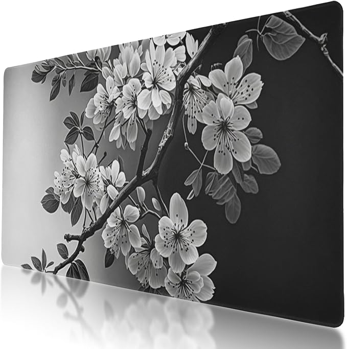 Black and White Sakura Branch Mouse Protector Mat - XL Non-Slip Mouse Pad for Gaming and Work