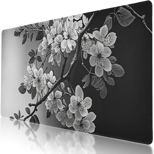 Black and White Sakura Branch Mouse Protector Mat - XL Non-Slip Mouse Pad for Gaming and Work