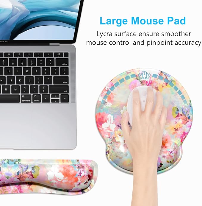 Dapesuom Keyboard Wrist Rest and Mouse Pad with Wrist Support, Cute Memory Foam Cushion for Keyboard and Mouse Set, Desktop Pad Rests with Non Slip Base for Easy Typing & Pain Relief, Peonies Floral