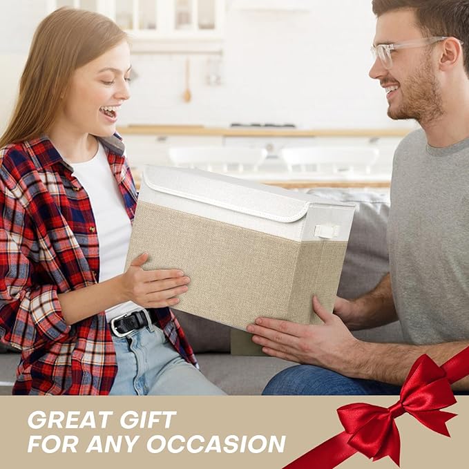 Large 17" 42 Quarts Collapsible Stackable Storage Bins with Lids [3-Pack] Foldable Fabric Linen Storage Boxes Cube, Closet Organizer Baskets with Label (16.7 x 12 x 12", Beige & White)