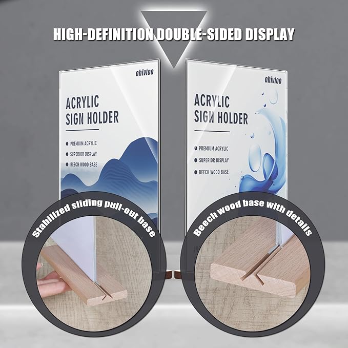 Acrylic Sign Holder 8.5x11 with Wood Base, Clear T shape Table Display Stands for Office, House, Store, Restaurants, and Event use, Double side Flyer Holder for Ads,Menu,Picture,Memory(6 packs)