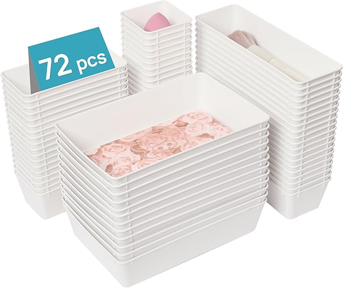 Vtopmart 72 PCS Plastic Drawer Organizers Set, 4-Size Versatile Bathroom and Vanity Organizer Trays, Non-Slip Storage Bins for Makeup, Jewelries, Kitchen Utensils and Office Desk, White