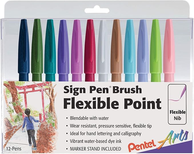 Pentel Arts Sign Pen Brush Tip, Assorted Colors, 12 Pack Box (SES15C2PC12)