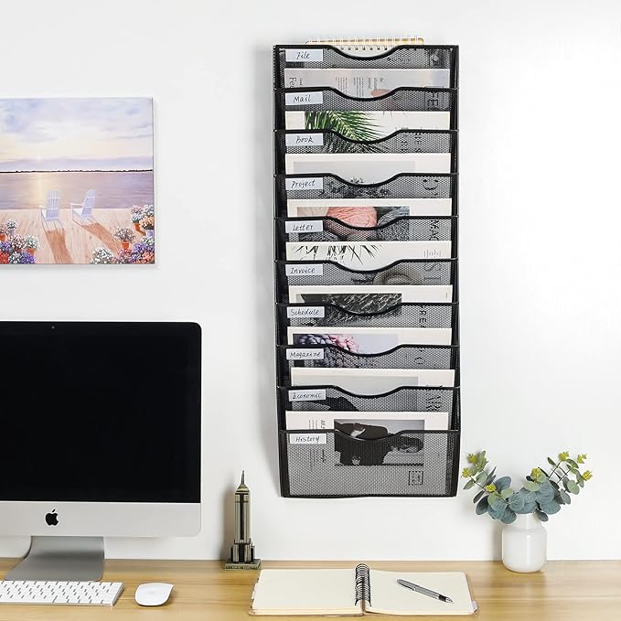 PAG Hanging Wall File Holder Organizer Mail Sorter Literature Rack for Office, 10 Pockets, Black