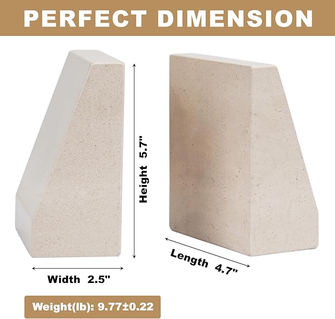 Koville Marble Bookends for Shelves, 9Lbs Large Bookends for Heavy Books, Non-Slip Heavy Duty Book Stopper for CD/Movies, Aesthetic Decorative Bookends for Shelves Table Home Decor(Beige)