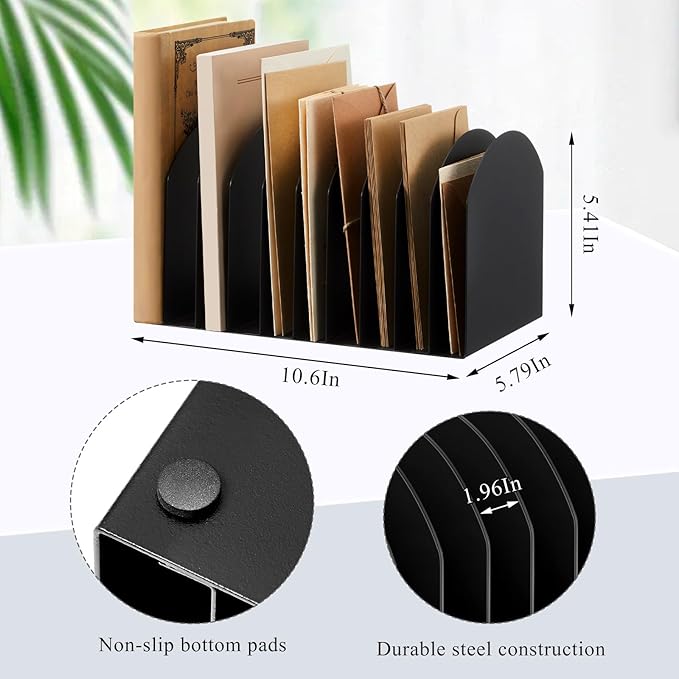 Suzile Metal Desktop File Organizer, 15 Compartments, Vertical File Sorter, Black, 10.63" L x 5.79" W x 5.41" H, Office, Reception Areas, Workspace(style 3)