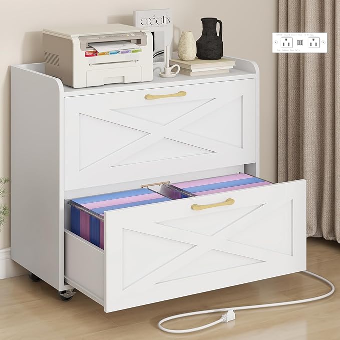 Lateral File Cabinet 2 Drawers Mobile File Cabinet with Charging Station for Letter/Legal/A4 Size Hanging Files, Large Wood File Storage Cabinets Printer Stand for Home Office, Simple White