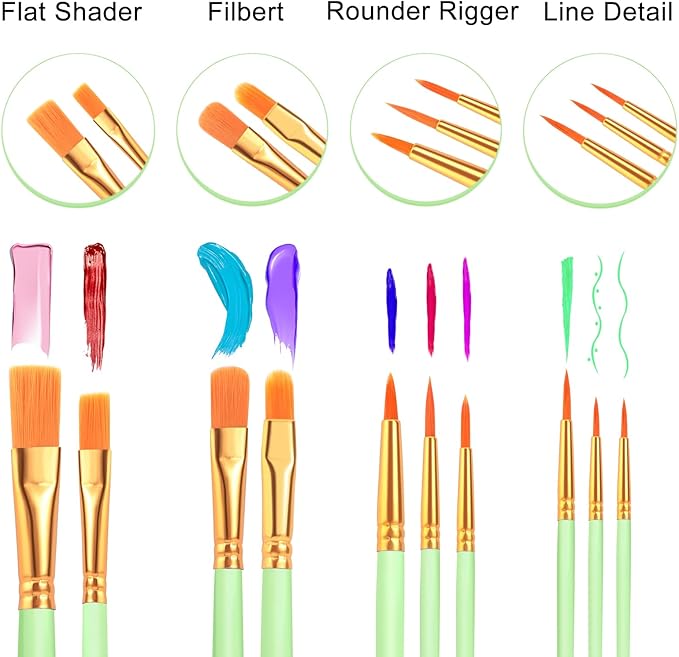 ESRICH Paint Brushes Set,24 Packs 240 Pcs Acrylic Paint Brush Set,Acrylic Oil Watercolor, Face Nail Art, Miniature Detailing,Rock Painting,Painting Artist Professional Kits(Green)