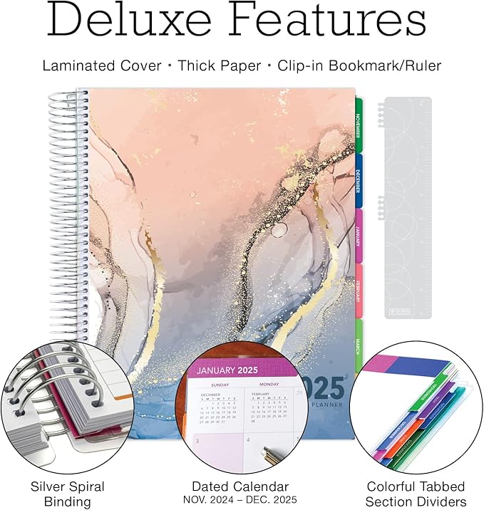 Deluxe 2025 Planner, 8.5"x11": 14 Months (November 2024 - December 2025), Includes Page Tabs, Bookmark, Planning Stickers, Pocket Folder Daily Weekly Monthly Planner Yearly Agenda (Colorful Marble)