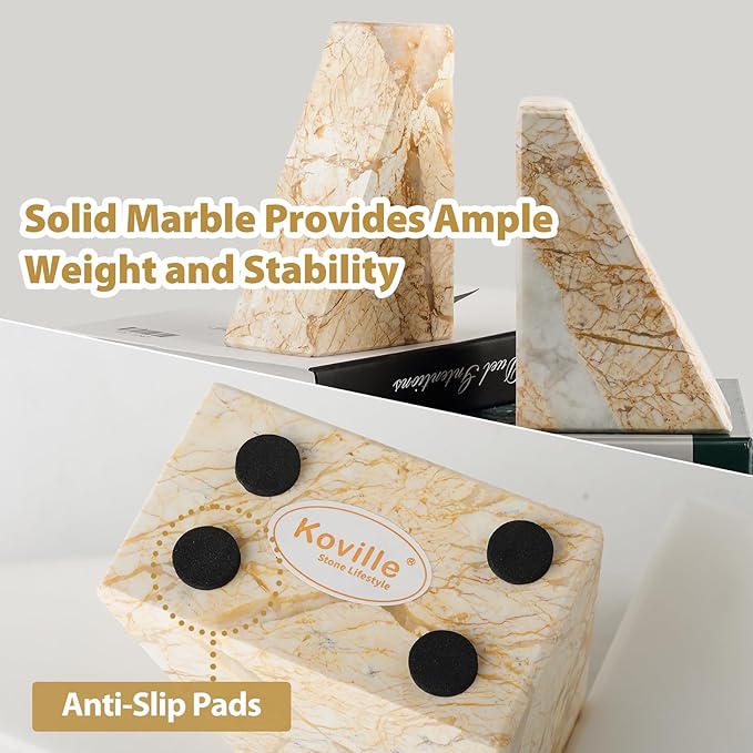 Koville Marble Bookends for Shelves, Large Bookends for Heavy Books, Natural Stone Book Stopper for Books CD Movies, Aesthetic Decorative Book Ends, Bookshelf Table Home Decor(Gold)