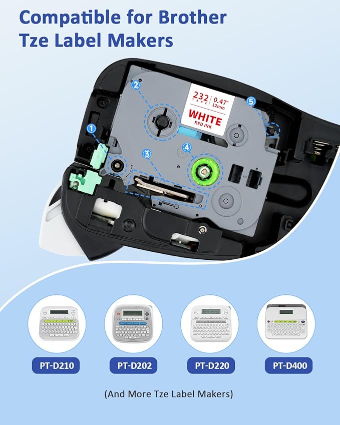 Tze 12mm Tz-232 Red on White Label Maker Tape Compatible for Brother Tze-232 Laminated for Indoor or Outdoor Use Work for for Ptouch Ptouch PTD200 PTD202 PTD210 PTD600 PTD400 PTH100 PTH110 PT1280