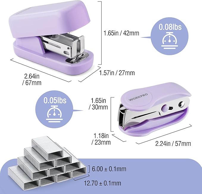 WORKPRO Small Stapler with Staples, Purple Stapler Set Includes Two Mini Staplers, One Staple Remover, 2000 Standard Staples - Cute Staplers for Desk with Non-Slip Base, Lock Design, Colorful