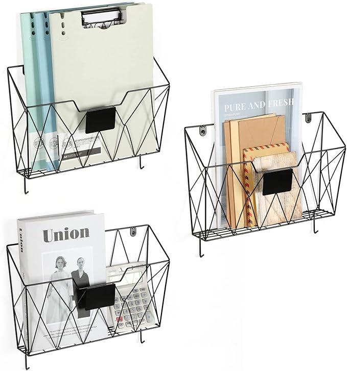 Hanging Wall File Holder Wall Mount Metal Wall File Organizer 3 Pockets Mail Organizer with Hooks for Office Home,Black