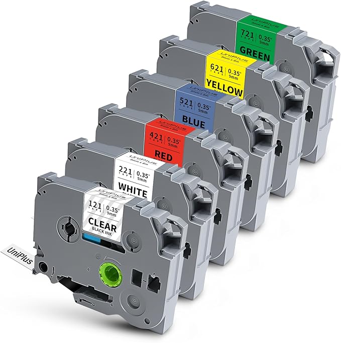 Compatible for Brother Tze-221 Tze-121 Tze-421 Tze-521 Tze-621 Tze-721 Tz Tape 9mm 0.35" Laminated Tape Label Maker Tape for P Touch PTD200 PTD210 PTH110 PTD220 PTD600 PTD400AD, 6-Pack