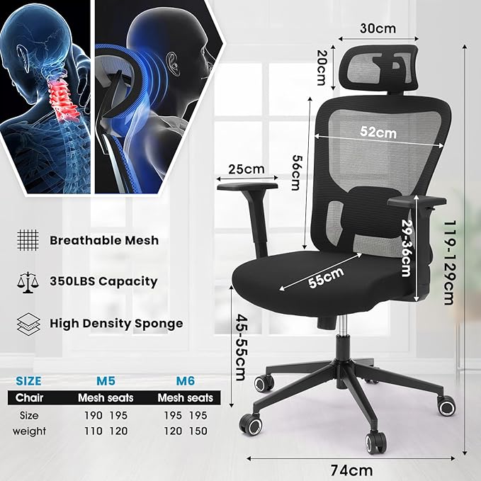 Ergonomic Office Mesh Chair, High Back Swivel Comfty Desk Chairs- 3D Armrest Adjustable Lumbar Support Capacity 400lbs and Headrest Wide for Home & Office, Bedroom (Black)