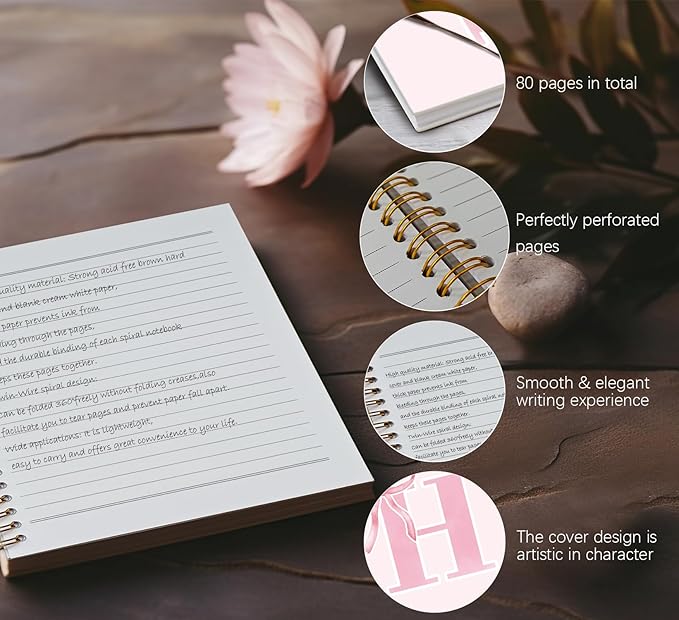 Coquette Trendy Preppy Pink Bow Spiral Notebook,Initial H Journal Personalized Teen Girl Gifts,Monogrammed Gifts for Women Teen Girl,College Ruled Hardcover Spiral Notebook 5.5 x 8.3