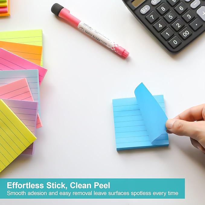 8 Pads Lined Sticky Notes 3x3 inch Self-Stick Notes Bright Colors Sticky Note for Office Home School