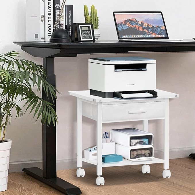 Lerliuo Under Desk Rolling Printer Stand with Drawer, 2-Tier Industrial Mobile Printer Table Desk with Storage Shelf and Steel Frame, Printer Cart Holder with Lockable Wheels for Home, Office (White)