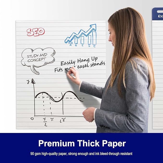 Comix Lined Sticky Easel Pad, 25 x 30 Inches Flip Chart Paper for Teachers, Large Self Stick Easel Paper, 30 Sheets/Pad, 10 Pads/Pack