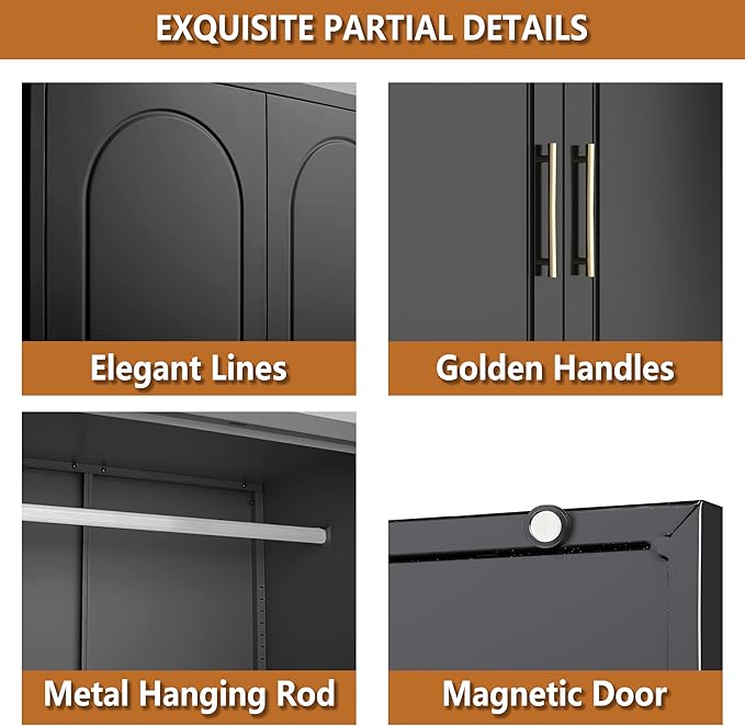 Metal Armoire Wardrobe Closet with Drawer, 71“ Tall Freestanding Wardrobe Cabinet with Doors and Shelves, Large Armoire with Hanging Rod, Clothes Cabinets for Bedroom, Black, Assembly Required