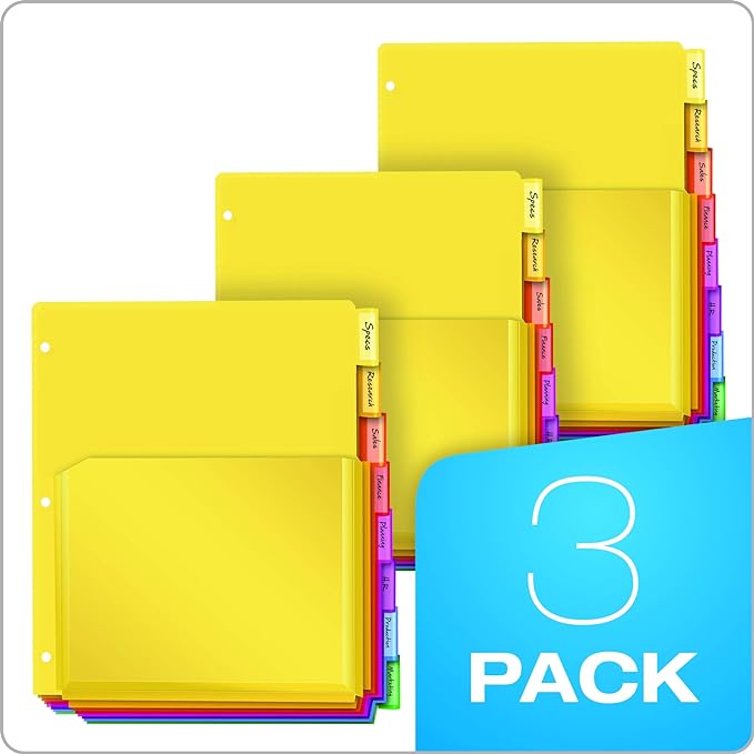 Oxford Expanding Plastic Binder Dividers, Divider for 3 Ring Binder, Flexible Front Expanding Pockets, 8 Tab, Insertable Multicolor Tabs, Letter Size, 3 Sets (89605) (Pack of 8)