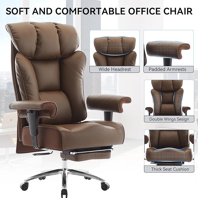 Big and Tall Ergonomic Office Chair 450LBS with Foot Rest, High Back PU Leather Executive Chair with Adjustable Padded Armrests, Lumbar Support for Home or Work, Heavy Duty Computer Chair, Brown