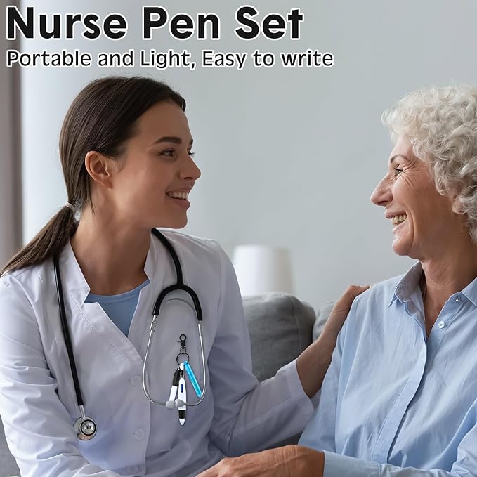 Sherr 25 Sets Retractable Nurse Pens with Mini Highlighter Permanent Marker Keychain Clip Badge Reel Pen Accessories for Nursing Students Medical Staff Office Stocking Stuffer Gift(Black Blue)