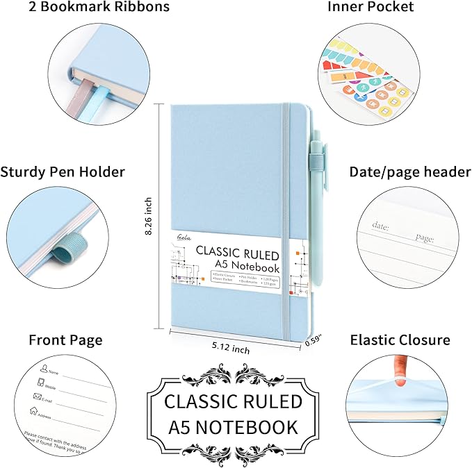 feela 18 Pack Journal Notebook for Work, Business Notebook Bulk Hardcover Lined Writing Journal with Pen Holder for Men Women Note Taking, with 18 Black Pens, 120 GSM, 5.1”x8.3”, A5, Light Blue