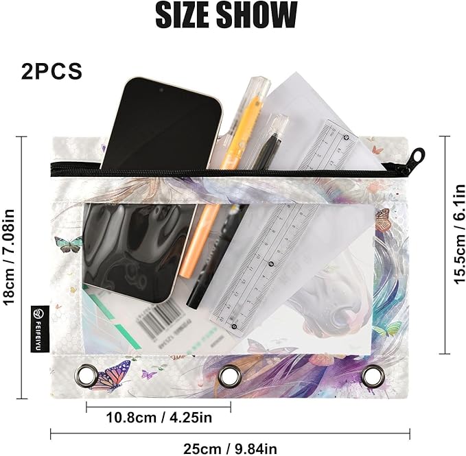 White Horse Butterflies Pencil Pouch for 3 Ring Binder, 2 Pack Waterproof Pencil Bags Clear Window Zipper School Office Supplies