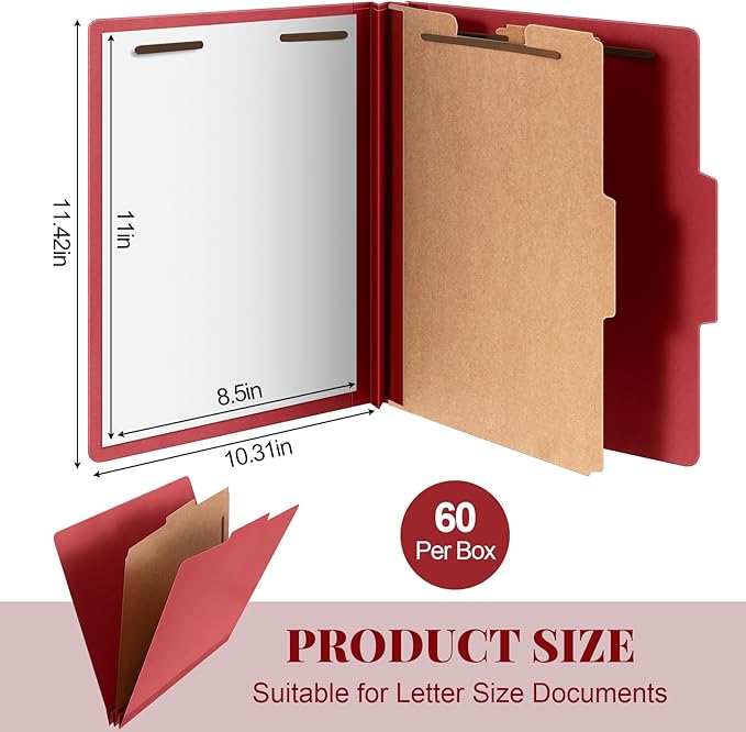Skyygemm 60 Pcs Classification Folders Letter Size, 1 Divider Pressboard File Folder with Fasteners, Expanding File Organizer Bulk for Teachers, Clergy, Office, Church, Christmas Donations (Red)