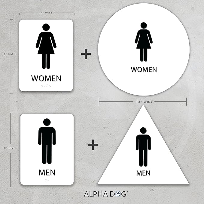 ALPHA DOG ADA SIGNS Men's Women's Restroom Sign Bundle 6x9 inch ADA Compliant Business Wall Mount Indoor Outdoor Easy Install USA Made (White)