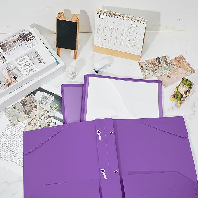 Henoyso 36 Pcs Plastic Folder with Clear Front Pocket and 3 Prong Plastic Folders with Card Slot Pocket Folders with Prongs for School Office (Purple)