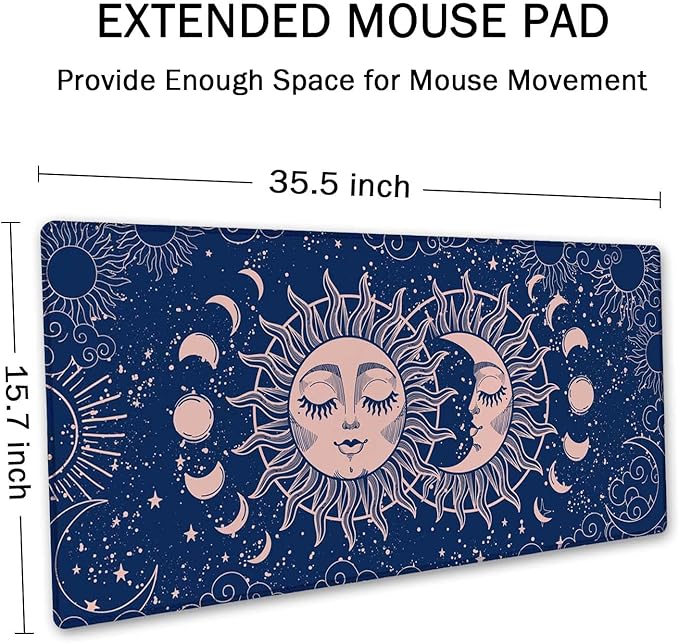 SSOIU Large Mouse Pad, Astrology Desk Mat for Desktop, Women Girls Waterproof Gaming Mousepad, Crescent Moon and Sun Computer PC Laptop Protector Writing Pads for School Office Home 35.5" x 15.7"