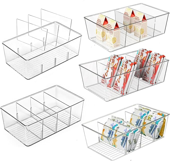 5 Pack Pantry Organizers and Storage,4 compartment Snack Containers for Kitchen,Fridge,Refrigerator Organization and Storage,Clear Plastic Bins for Spice,Tea bag,Seasoning organizer