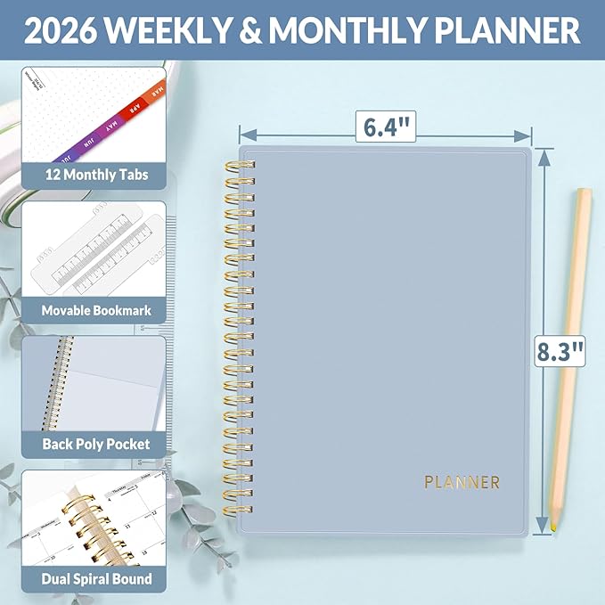 SUNEE 2026 Weekly and Monthly Planner - from January 2026 - December 2026, 6.4" x 8.3" Daily Agenda Planner with Monthly Tab, Flexible Cover, Note Pages, Pockets, Bookmark, Spiral Binding, Gray Blue