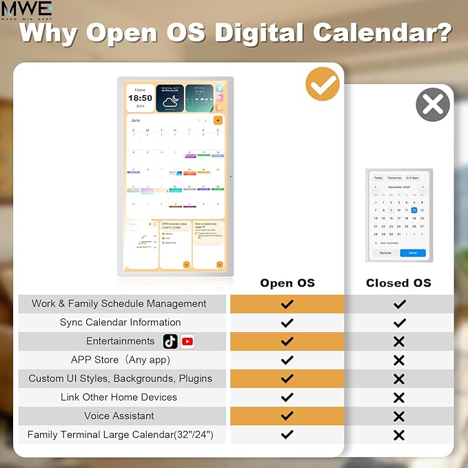 24 Inch Touchscreen Digital Calendar, Wall Planner, Desktop Smart Electronic Calendar, 8GB+128GB Android 13, Supports Google Play Apps, Office Desk Assistant & Family Schedules, Wall/Desk Stand