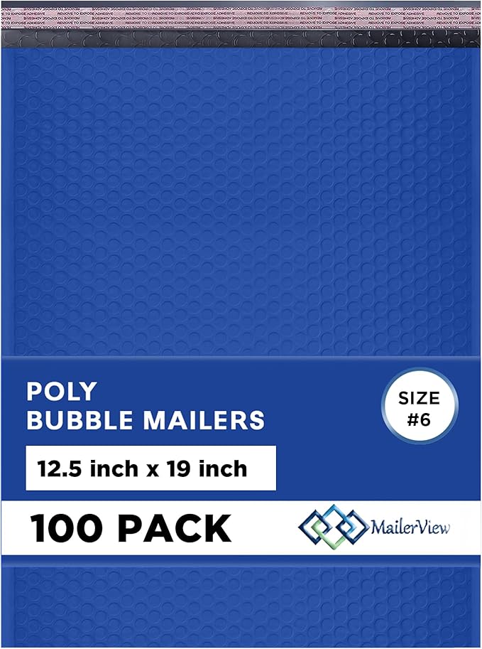 Royal Blue 12.5x19.5 Inch Large Poly Bubble Mailers #6 | Padded Envelopes with Self Seal | Air Lined Cushioned Bubble Mailer | Usable Size 12.5x15 | 100 Pack Bulk | Lightweight shipping Bags