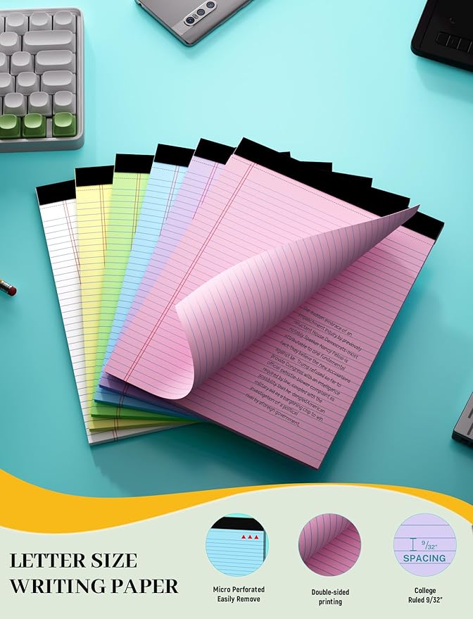 24 Pack Colored Legal Pads 8.5 x 11, College Ruled, 720 Sheets Note Pads 8.5 x 11, Perforated Writing Pads 8.5 x 11, Lined Paper Pads with Sturdy Backing, 30 Sheets Per Notepads for School, Office