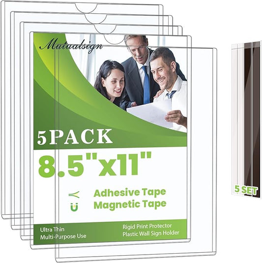 5pcs Wall Sign Holder 8.5"x11" Magnetic Sign Holder, Rigid Print Protectors with Magnet Strips and Adhesive Strips, Wall Mount Plastic Paper Holder for Office Store Home Window Display (Clear)