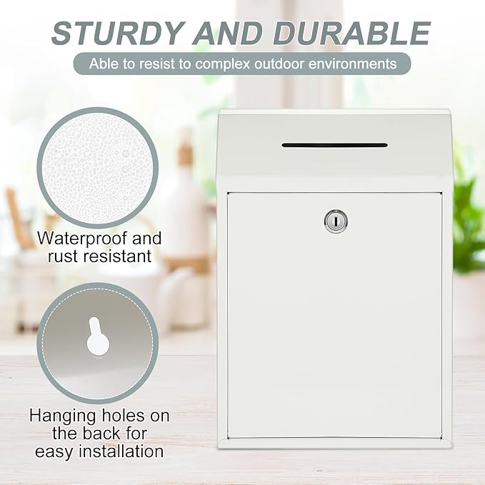 Metal Donation Cash Box Collection Safe Suggestion Box with Lock Wall Mounted Mailbox Delivery Ballot Container for Home Office Outdoor Door