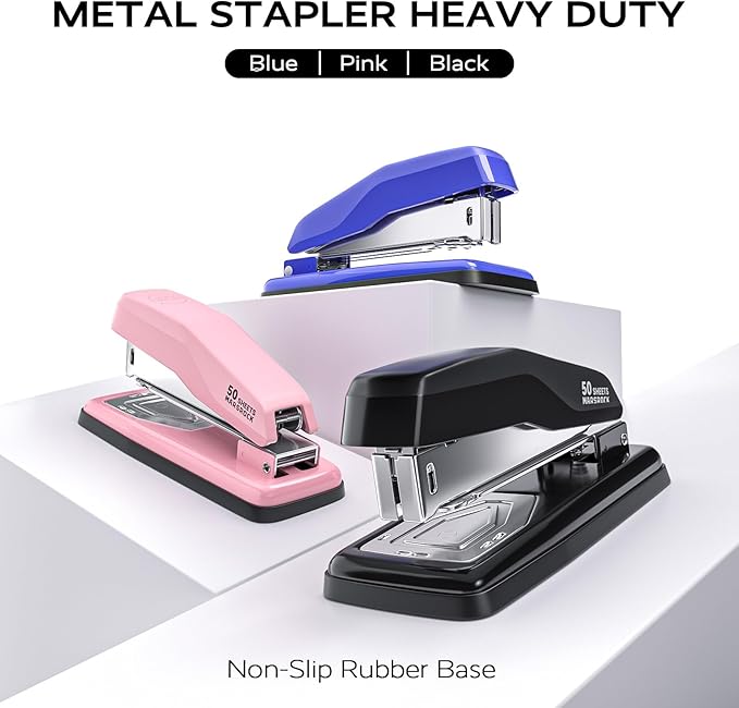Desktop Stapler, Swing-Arm Swivel Stapler, 50 Sheet Capacity, 2000 Staples and Staple Remover, Rotatable Heavy Duty Staplers for Office, Home, Classroom, Booklet, Book Binding,Pink