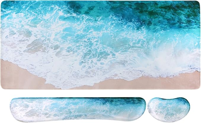 iCasso Keyboard Mouse Pad Set,Extended Gaming Mouse Pad + Keyboard Wrist Rest Support, Memory Foam, Easy Typing Pain Relief, 3Pcs (35.4×15.7 in) Large Ultra Thick Mousepad Desk Mat (Beach)
