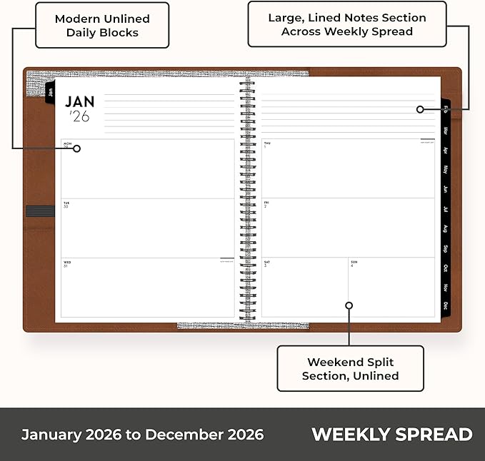 Blue Sky ASMBLD 2026 Weekly and Monthly Planner Calendar, January 2026 - December 2026, 8.5" x 11", Faux Leather Cover, Durable Twin Wire Binding, Storage Pocket, Laminated Tabs, Refillable, Pen Loop, Tan