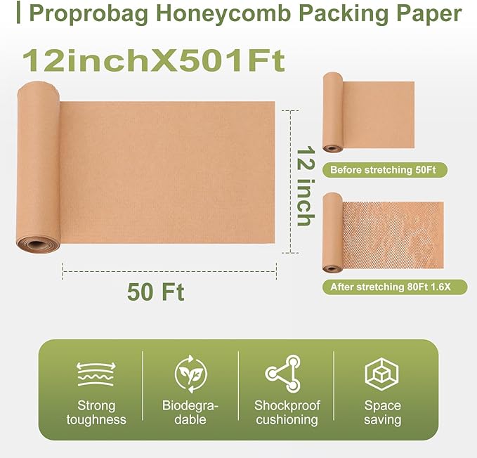 Honeycomb Packing Paper for Moving, 12 Inch x 50 Feet with 20 Fragile Stickers, Honeycomb Wrapping Paper Protective Shipping Supplies for Moving and Storage