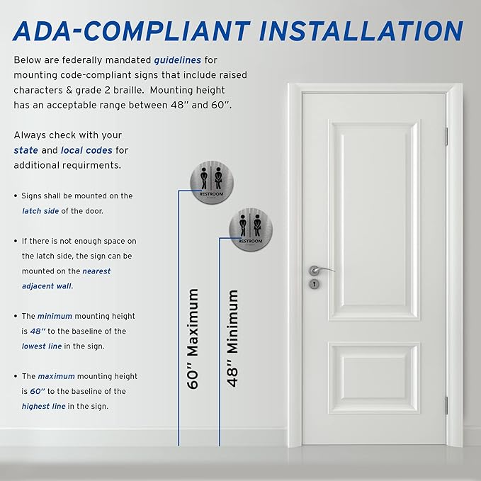 Circle Unisex Boutique Bathroom Sign by GDS - Raised Icons, & Grade 2 Braille - Includes Adhesive Strips for Easy Installation - Bathroom Signs for Business, Restroom Signs for Business, Unisex Bathroom Sign - 9” Diameter (Brushed Aluminum) - Made in USA